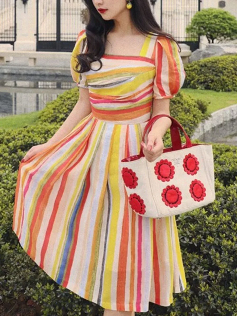Rainbow Striped Cotton Midi Dress S